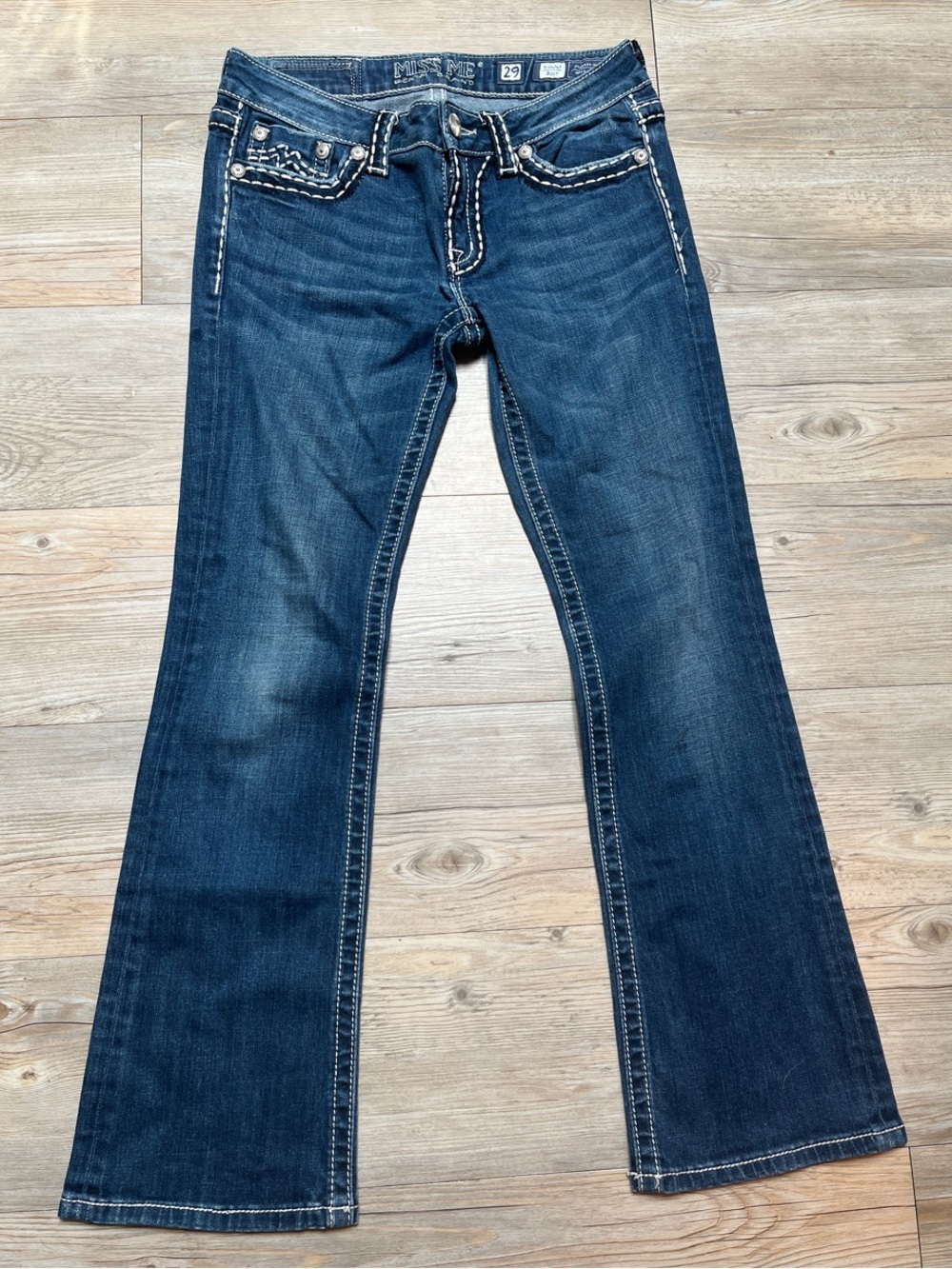 Miss Me Dark Blue Flare Jeans with Contrast Stitching